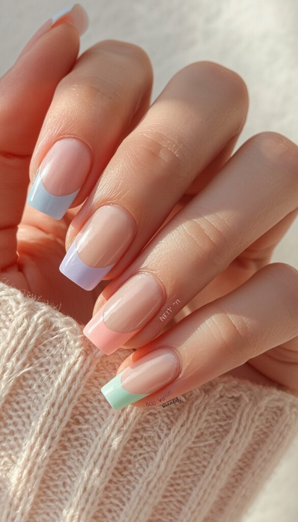 Close-up of square nails with pastel French tips, soft colors, glossy finish, and a clean modern summer aesthetic