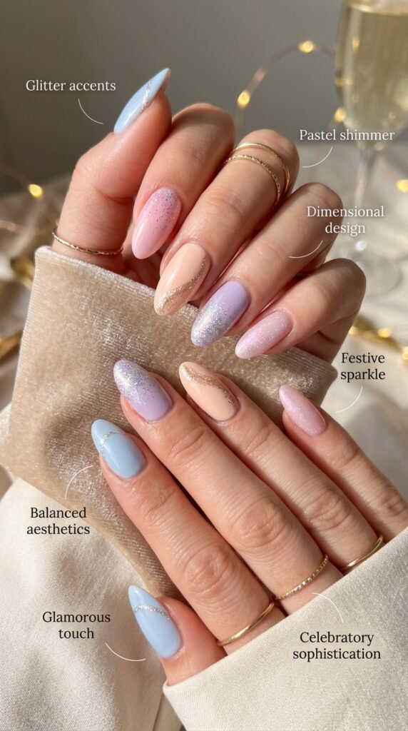 Glamorously radiant pastel glitter accent nails featuring soft pastel bases in pink, blue, lavender, or peach with strategically-placed glitter accents, gradient sparkle, micro-shimmer, or concentrated glitter sections creating dimensional, festive yet sophisticated designs balancing softness with celebratory sparkle.






