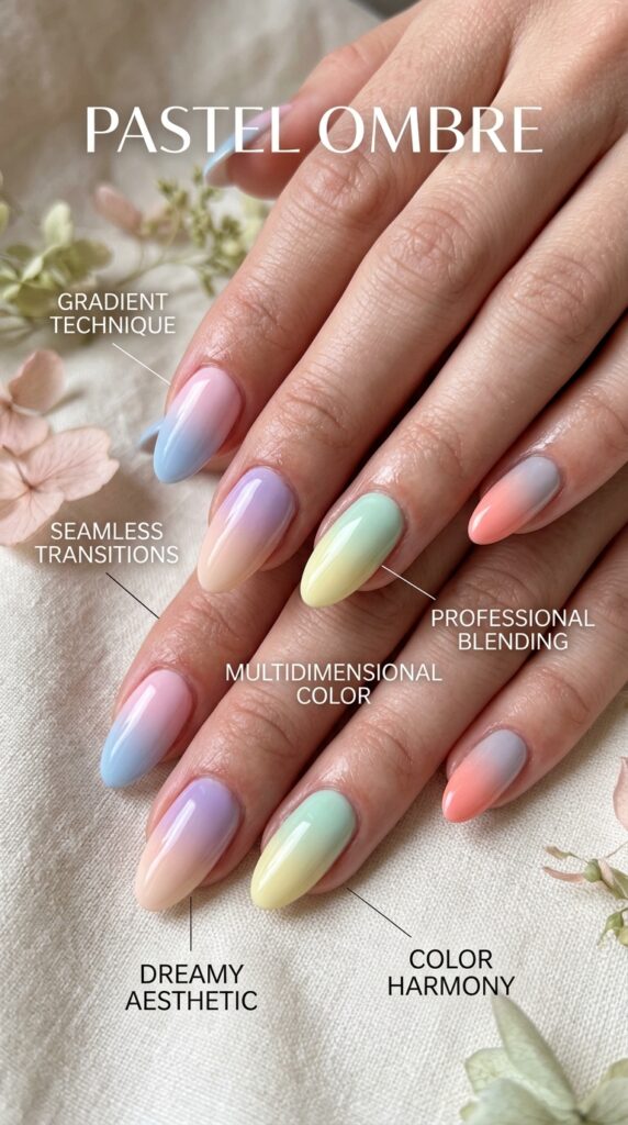 Stunning pastel ombre and gradient nail art featuring seamless color transitions between complementary soft hues like pink to blue, lavender to peach, or yellow to mint, with multidimensional blending, glossy finish, and professional technique creating dreamy, magazine-worthy designs.







