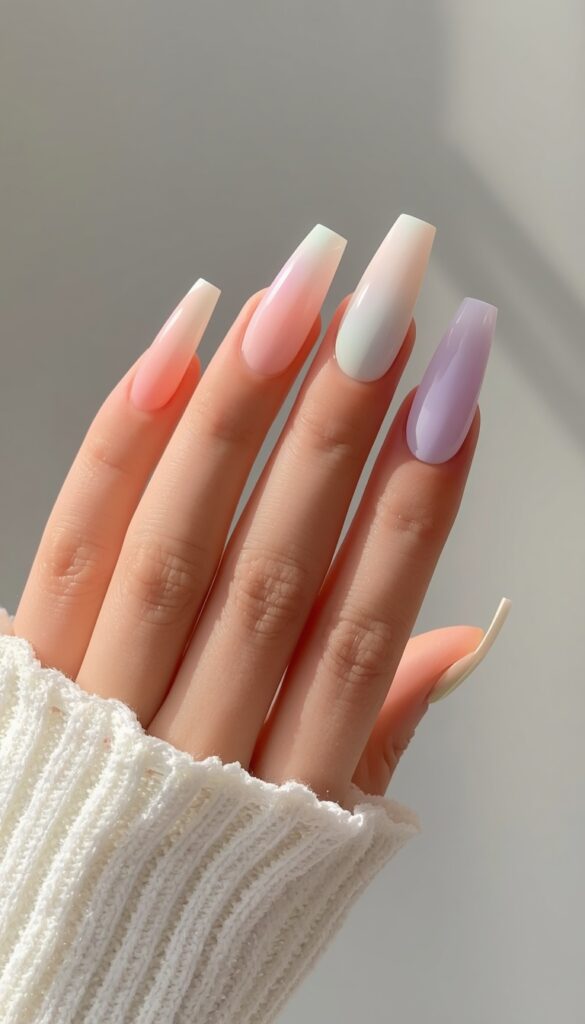 Close-up of coffin nails with pastel ombre design in soft blended colors, glossy finish, and a clean elegant aesthetic