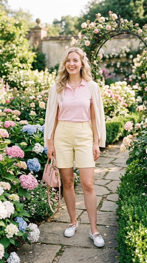 Woman wearing a pastel preppy outfit featuring a soft pink polo shirt, pale yellow tailored shorts, white canvas boat shoes, and cream cardigan, standing in a manicured garden with blooming flowers and soft golden afternoon lighting.






