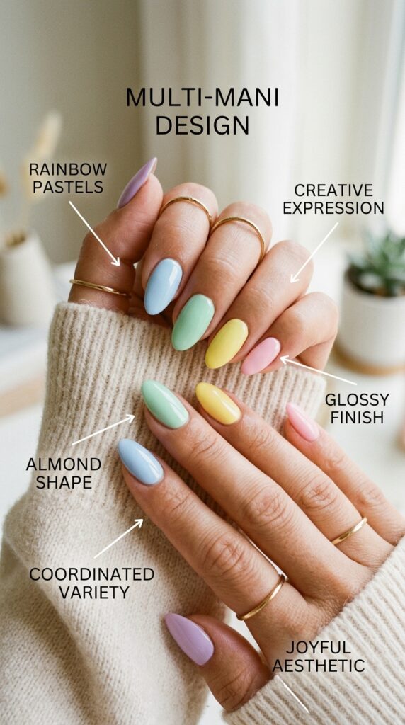 Vibrant and playfully expressive pastel rainbow multi-mani nail designs featuring different coordinated soft colors on each nail—baby pink, powder blue, lavender, mint green, peach, pale yellow—creating colorful yet harmonious effect, personalized creative expression, and joyfully celebratory coordinated multi-color aesthetic.