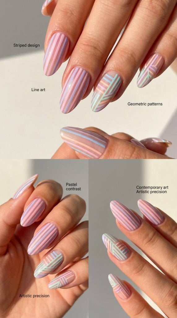 Sophisticated pastel striped and line art nail designs featuring clean, precise geometric patterns in contrasting or complementary soft colors like pink-with-lavender or blue-with-peach, thin refined lines, even or varied spacing, and minimalist contemporary aesthetic demonstrating artistic precision and modern elegance.






