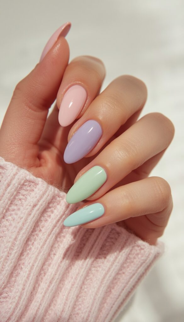 Close-up of press-on nails in pastel summer colors, glossy finish, soft tones, and a fresh feminine aesthetic