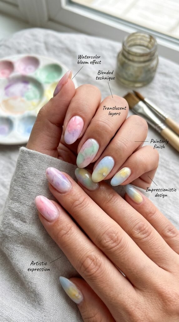 Breathtakingly artistic pastel watercolor effect nails featuring semi-transparent layered colors in soft pastels creating organic flowing compositions with color bleeding, blooming effects, translucent luminosity, depth through color layering, and authentic watercolor painting aesthetic demonstrating artistic mastery.






