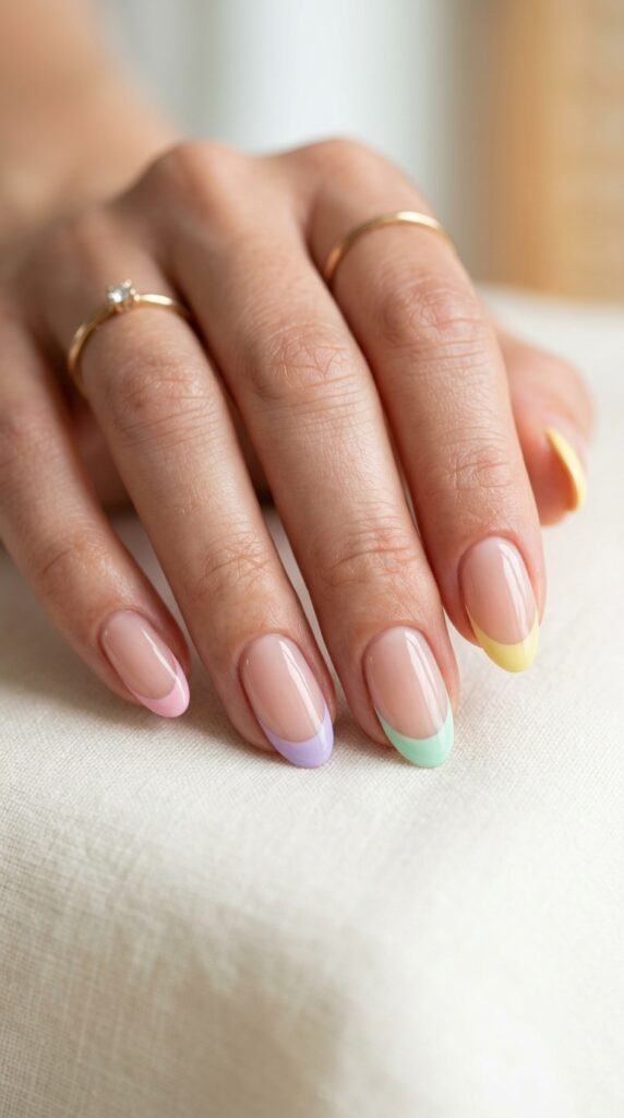 Pastel French tip nails with soft colorful tips and a glossy finish, creating a cute and modern oval nail design