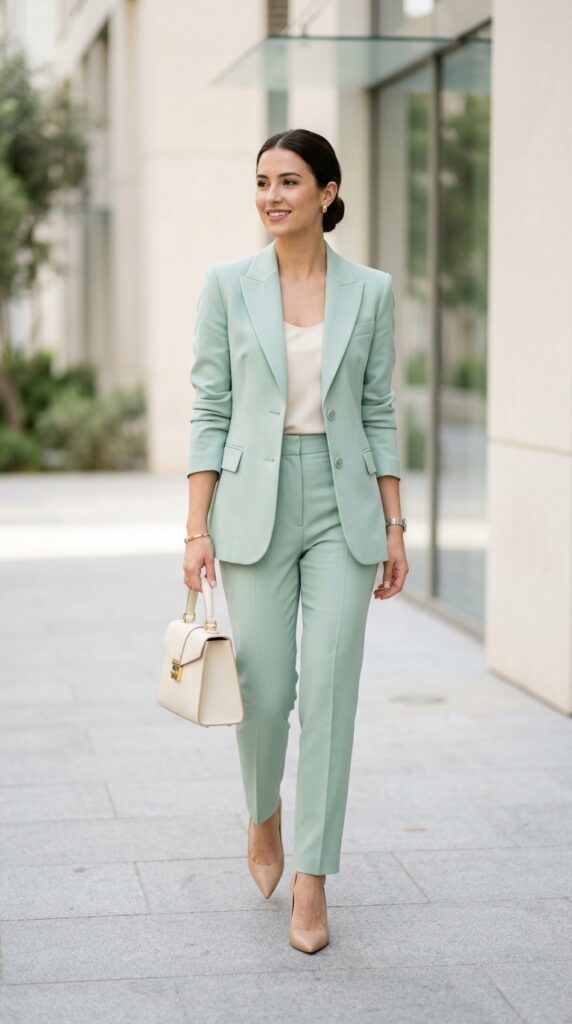 Pastel tailored suit paired with a structured top-handle bag, creating a soft, elegant, and modern outfit with a clean and sophisticated aesthetic