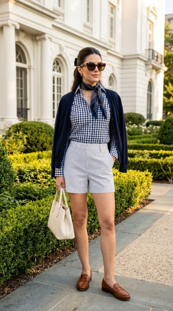 Woman wearing a fashion-forward preppy pattern mixing outfit featuring a navy-and-white gingham button-down shirt, white navy-striped tailored shorts, cognac loafers, navy cardigan, and structured handbag, standing in a sophisticated urban setting with classical architecture.






