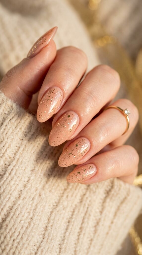 Elegantly manicured almond-shaped nails featuring a soft peach fuzz base with delicate gold glitter particles creating a subtle luxurious sparkle, photographed against a creamy beige and warm gold background.