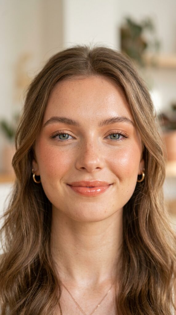 Peachy glow makeup with warm blush, bronzed skin, and a soft radiant summer aesthetic