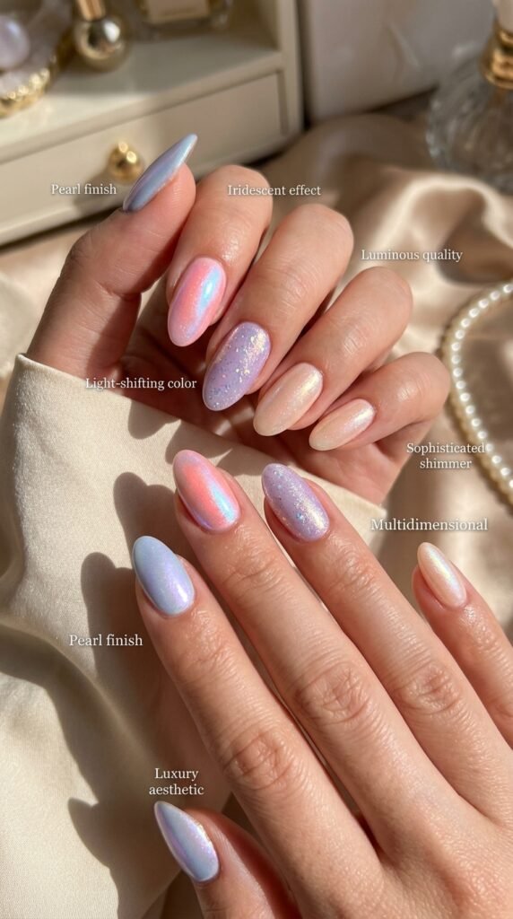 Luxuriously luminous pearl and iridescent pastel finish nails featuring soft pastel bases enhanced with pearl shimmer creating subtle luminosity and iridescent finishes showing color-shifting effects, multidimensional light-catching quality, magical chromatic variation, and sophisticated refined aesthetic demonstrating luxury and dimensional beauty.




