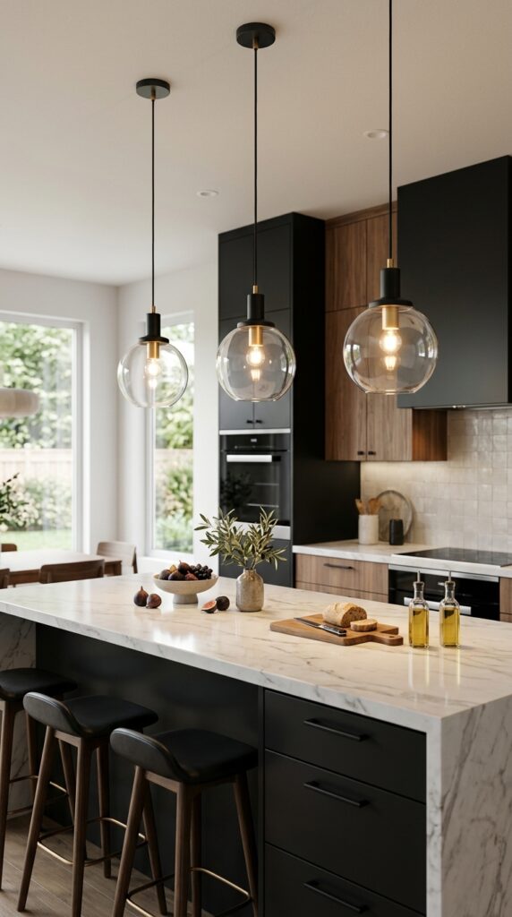 Pendant lights hanging over a kitchen island, creating a warm, stylish, and modern focal point with elegant lighting design