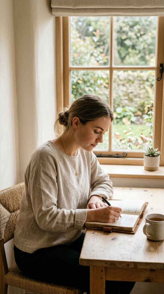 Honest self-reflection scene with journaling and calm lighting, representing mindfulness, personal growth, and quiet introspection