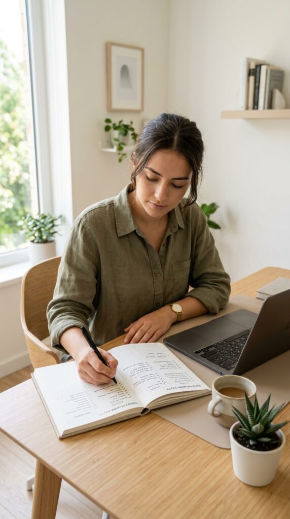 Consistent daily routine scene with planning and focused work, representing discipline, productivity, and showing up every day