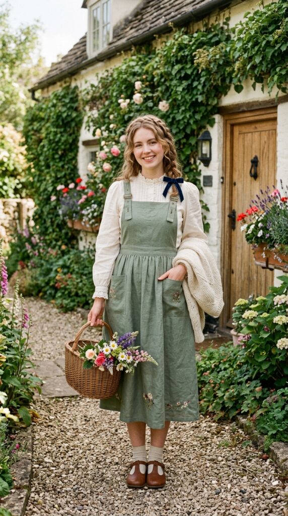 Woman wearing a vintage-inspired sage green pinafore dress with adjustable shoulder straps and deep pockets layered over a white cotton blouse, styled with Mary Jane shoes and a woven basket, standing in front of a charming cottage with climbing ivy.





