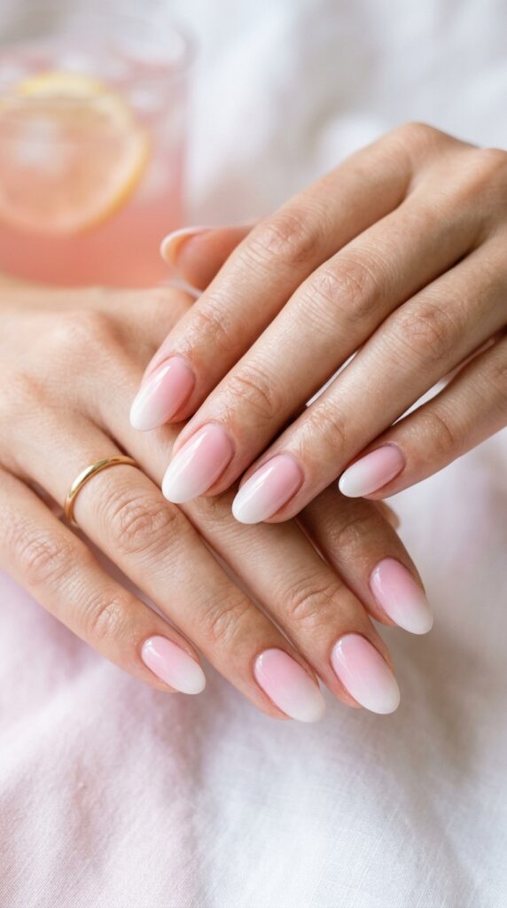 Pink lemonade to white cream ombre gradient nails with soft transition from cotton candy pink base to crisp white tips for feminine summer nail design.