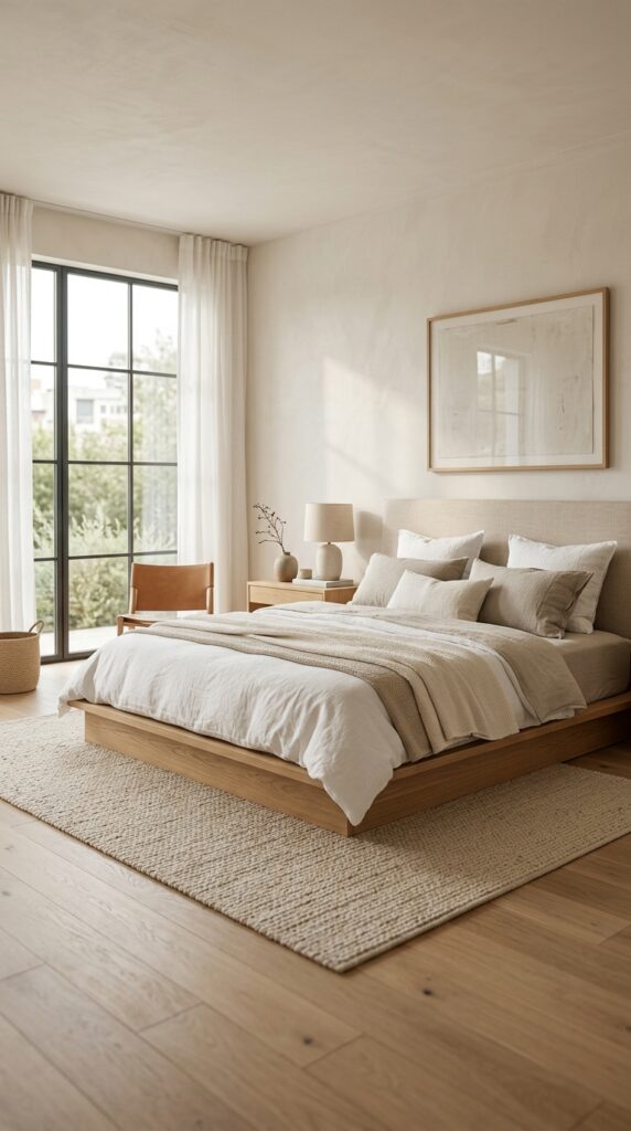 Minimalist bedroom featuring a low-profile platform bed as the focal point, neutral bedding, soft natural light, clean modern decor, and an airy spacious layout