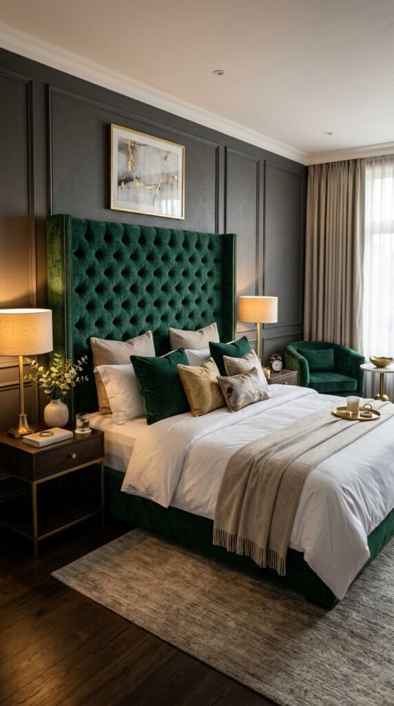 Bedroom with a plush velvet headboard, layered bedding, warm lighting, and a luxurious glam aesthetic