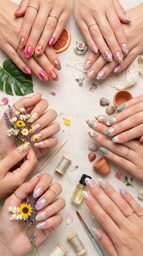 Collection of hands showing popular summer 2026 floral nail art themes including tropical hibiscus, English garden roses, wildflower meadows, succulent designs, and watercolor botanical effects.