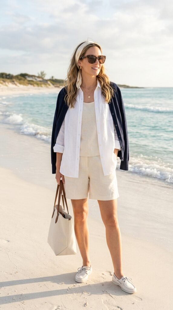 Woman wearing a preppy beach casual outfit featuring a white linen button-down over a cream tank top, cream linen shorts, white boat shoes, navy cardigan, and gold layered jewelry, standing on pristine white sand with turquoise ocean waves in the background.






