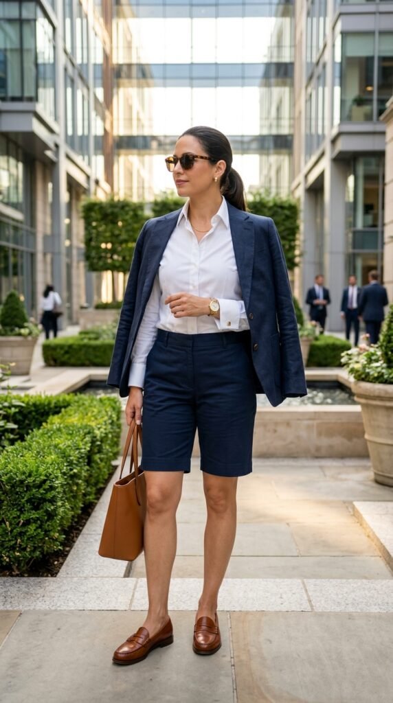 Woman wearing a preppy professional summer outfit featuring a crisp white button-down shirt, navy tailored shorts, cognac leather loafers, navy linen blazer, and gold professional jewelry, standing in a modern office building lobby with contemporary architecture and manicured landscaping.






