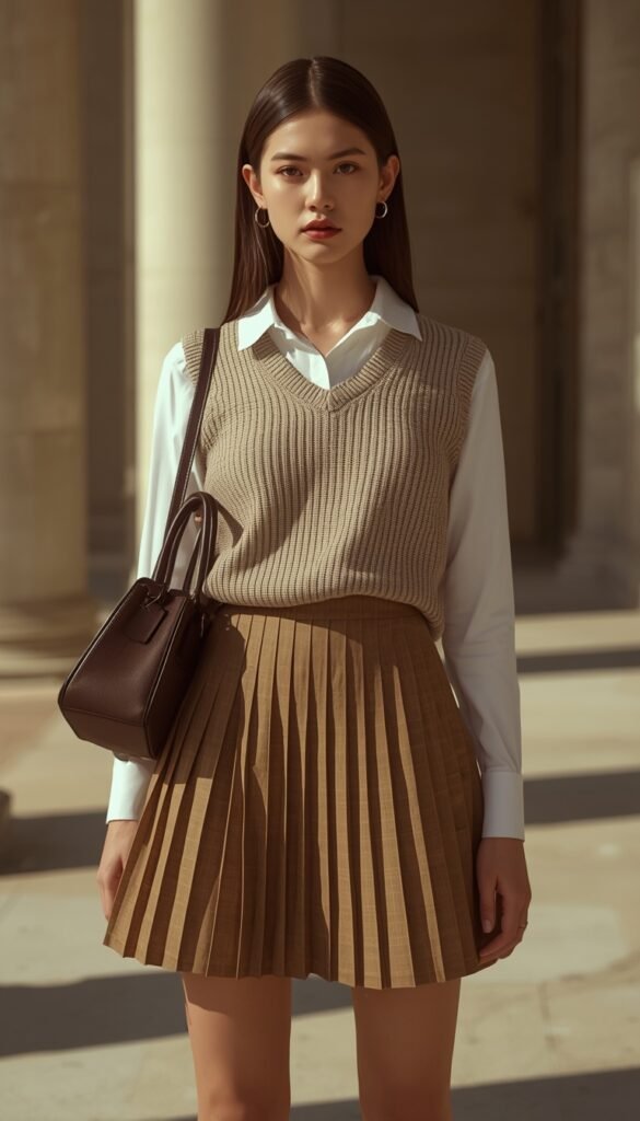Model in a preppy outfit with a bowling bag, polished silhouette, classic styling, and soft natural lighting