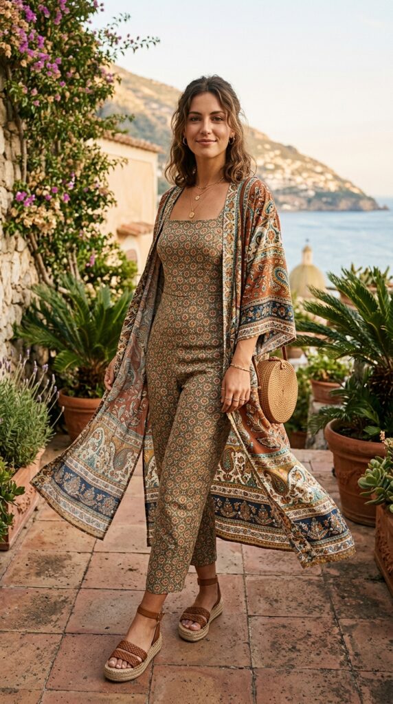 Woman in printed fitted jumpsuit with flowing kimono overlay, platform sandals, and minimal jewelry for sophisticated boho summer look.
