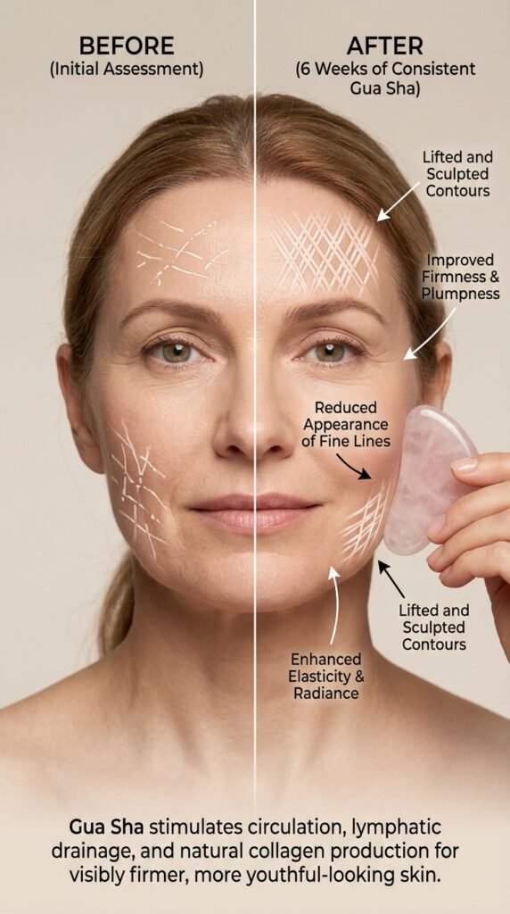 Before-and-after comparison demonstrating gua sha's collagen-boosting anti-aging benefits, showing improved skin firmness, enhanced elasticity, reduced fine lines, lifted facial contours, and plumper youthful complexion achieved through consistent gua sha practice with jade stone.






