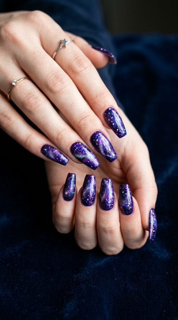 Stunning coffin-shaped nails featuring a deep purple glitter galaxy design with multidimensional violet, blue, and silver glitter mimicking stars and cosmic dust, photographed against a dark navy background.