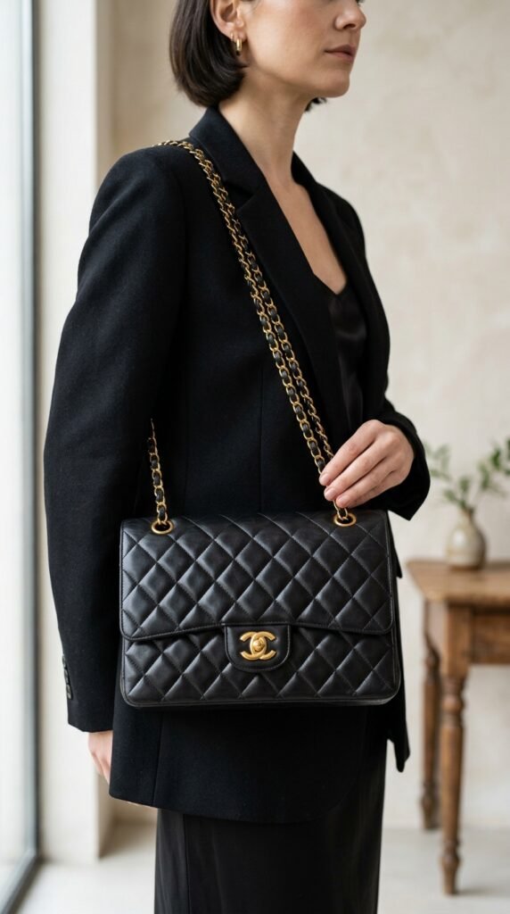 1980s quilted chain bag with a classic diamond pattern and gold chain strap, creating a timeless, elegant, and luxurious fashion accessory look