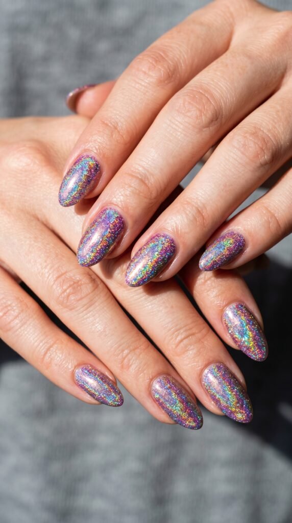 Hands with rainbow holographic glitter nail design displaying multi-colored prismatic sparkle that shifts through pink, purple, blue, green, and yellow for mesmerizing eye-catching summer manicure