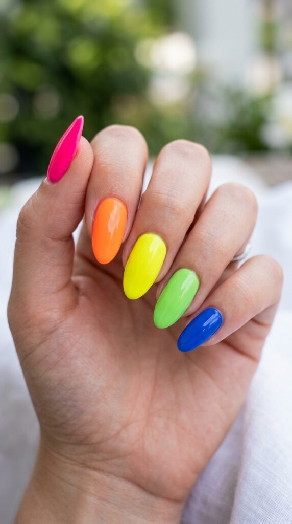 Hands with rainbow neon skittles manicure featuring different fluorescent shade on each nail in pink, orange, yellow, green, and blue progression for vibrant celebratory summer design.