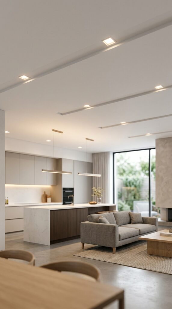 Recessed ceiling lights installed in a modern space, providing clean, even, and ambient lighting with a sleek and minimal design