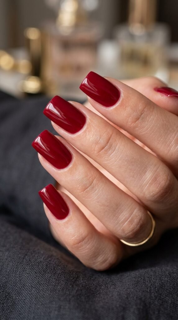 Red square nails with a glossy finish in bold rich tones, creating a classic, elegant, and eye-catching manicure look
