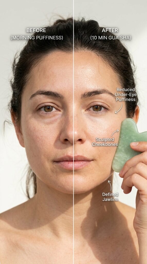 Before-and-after close-up comparison showing dramatic puffiness reduction from gua sha facial massage, featuring reduced under-eye bags, sculpted cheekbones, and defined jawline after just 10 minutes of treatment with a polished jade gua sha stone.






