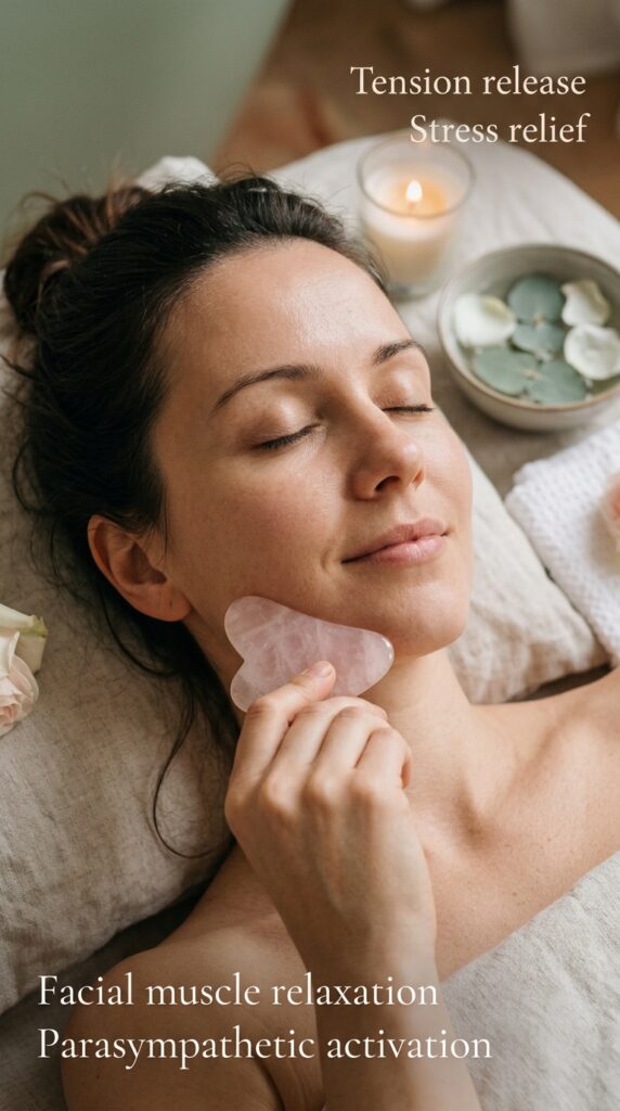 Woman in deeply peaceful, meditative state displaying profound facial tension relief and relaxation from gua sha massage, with softened jaw, smooth forehead, calm expression, and serene demeanor in luxurious spa setting with candles and botanical elements.






