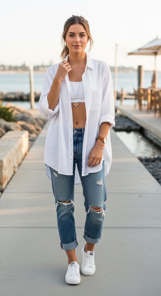 Relaxed linen layers outfit with oversized shirt and boyfriend jeans.