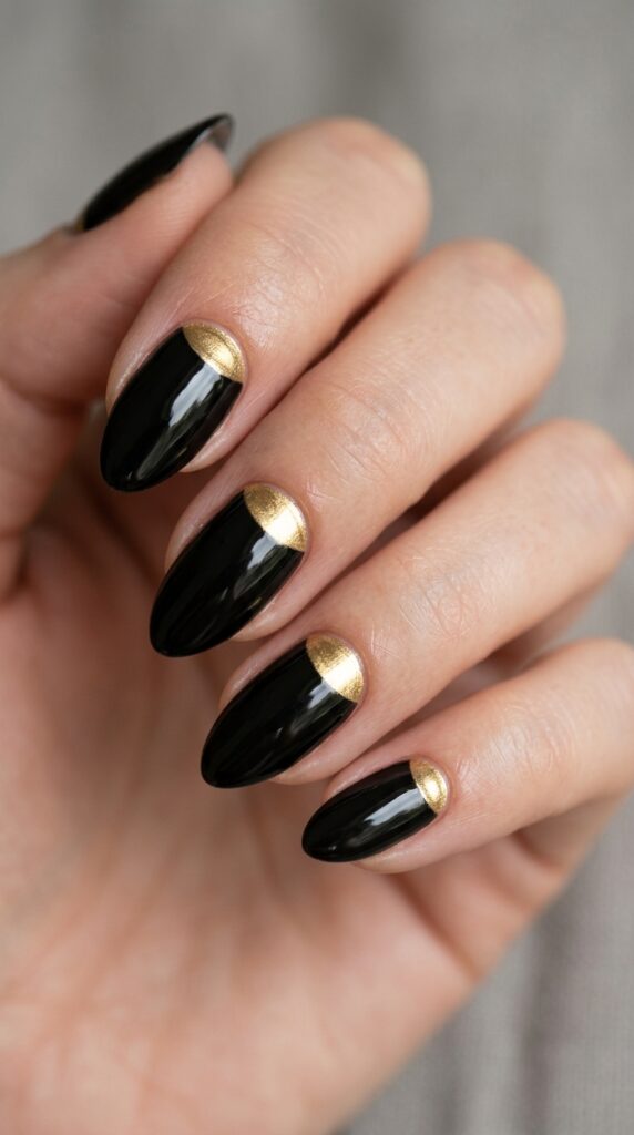 Reverse French manicure with a bold half-moon design at the nail base, creating a modern, stylish, and unexpected twist on a classic nail look