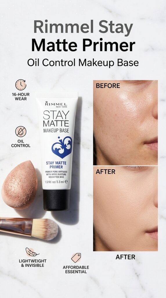 Rimmel Stay Matte Primer bottle with application demonstration showing invisible mattifying base for long-wearing summer makeup




