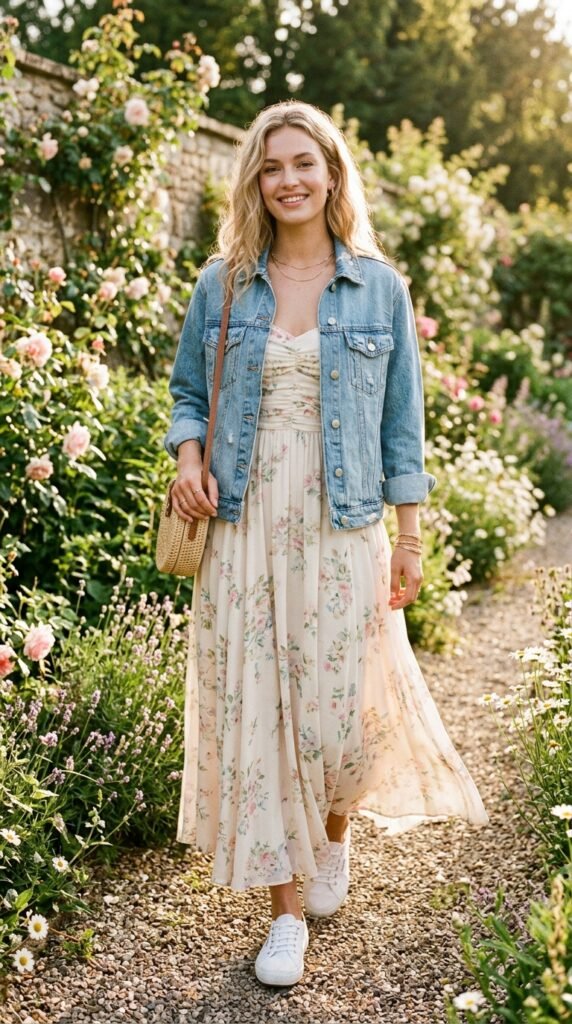 A romantic blush pink floral midi dress with sweetheart neckline and spaghetti straps, layered with a relaxed light-wash denim jacket, styled with white sneakers, a crossbody bag, and delicate gold jewelry for an effortlessly romantic and youthfully elegant look.