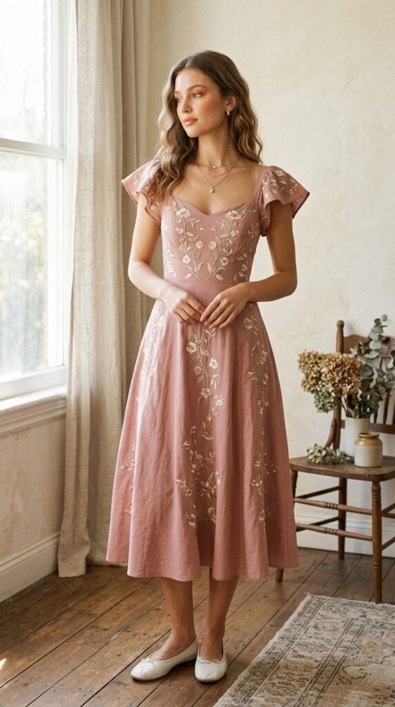 A soft dusty rose romantic midi dress with delicate floral embroidery, sweetheart neckline, and flutter sleeves, styled with layered gold necklace, small gold stud earrings, and white leather ballet flats for a dreamy minimalist feminine look.