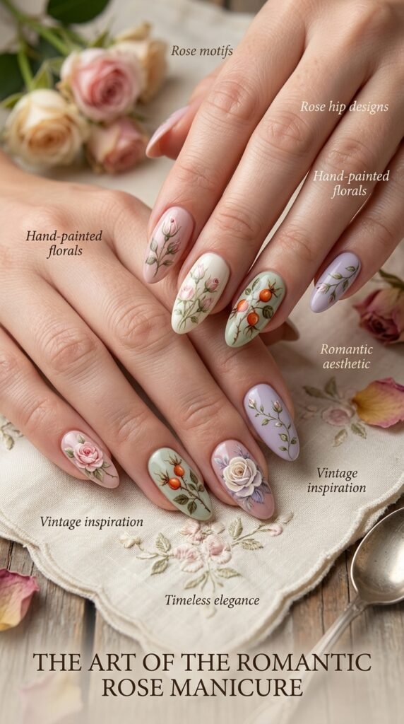 Romantically exquisite rose and rose hip motif nails featuring intricately hand-painted roses in various stages of bloom with detailed petals, rose buds, organic rose hip berries, botanical leaves and stems in soft pastels—pink, cream, lavender, peach—demonstrating artistic skill and timeless romantic elegance.



