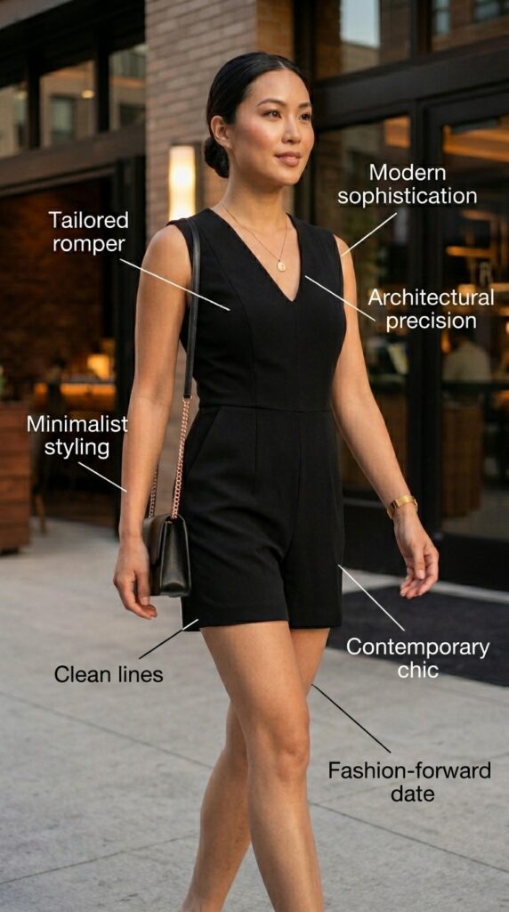 Strikingly modern woman wearing a perfectly tailored neutral romper with clean lines and refined proportions, styled with minimal accessories including single delicate necklace and structured bag, paired with elegant pointed-toe heels in a contemporary upscale casual date night setting exuding modern sophistication and fashion-forward confidence.