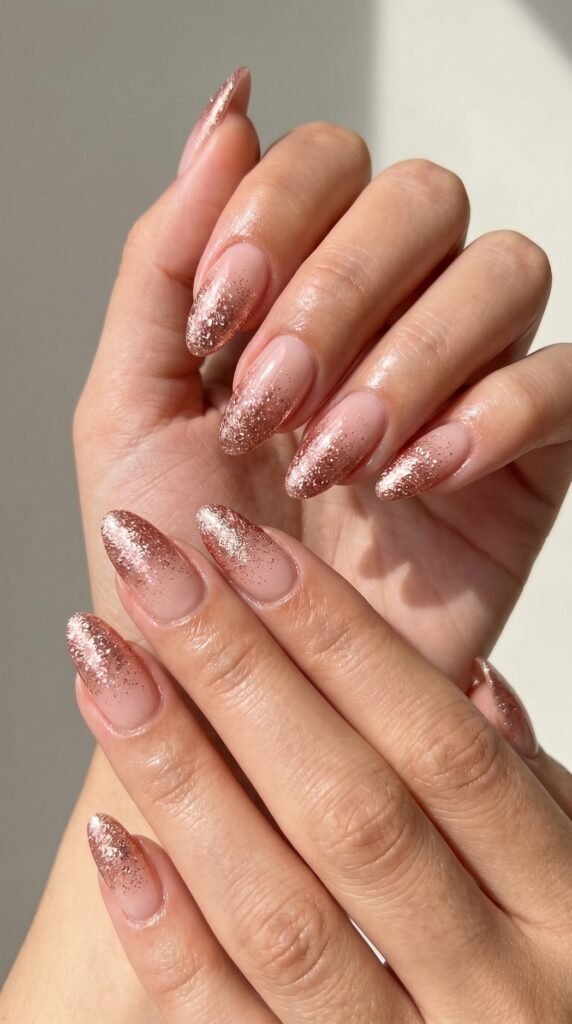 Hands with rose gold glitter ombre nail design showing smooth gradient from nude base to sparkling rose gold tips for elegant sophisticated summer manicure