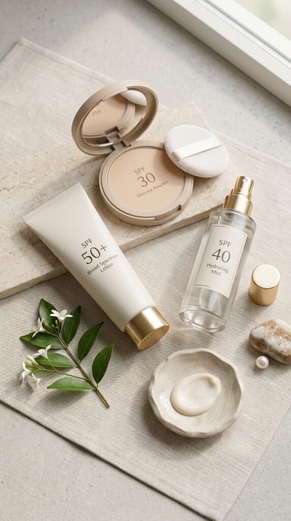 Flat lay of sunscreen products for SPF layering, including lotion, powder, and mist in a clean minimal summer skincare aesthetic