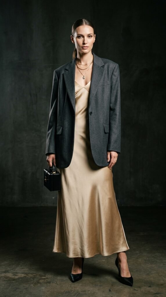 A luxurious champagne gold satin slip dress with a V-neckline and bias-cut drape, styled under an oversized charcoal grey wool blazer, paired with pointed-toe black pumps and layered gold necklaces for an elevated androgynous sophisticated look.