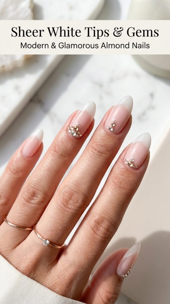 Almond nails with sheer white tips and strategic crystal gem accents for elegant sophisticated nail design






