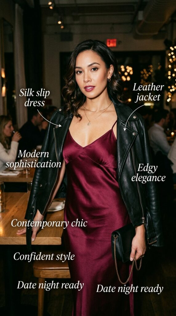 Strikingly sophisticated woman wearing a delicate jewel-toned silk slip dress layered with an oversized leather jacket, styled with strappy heels and minimal jewelry in an upscale contemporary date night setting creating modern edge, romantic femininity, and confident bold sophistication.