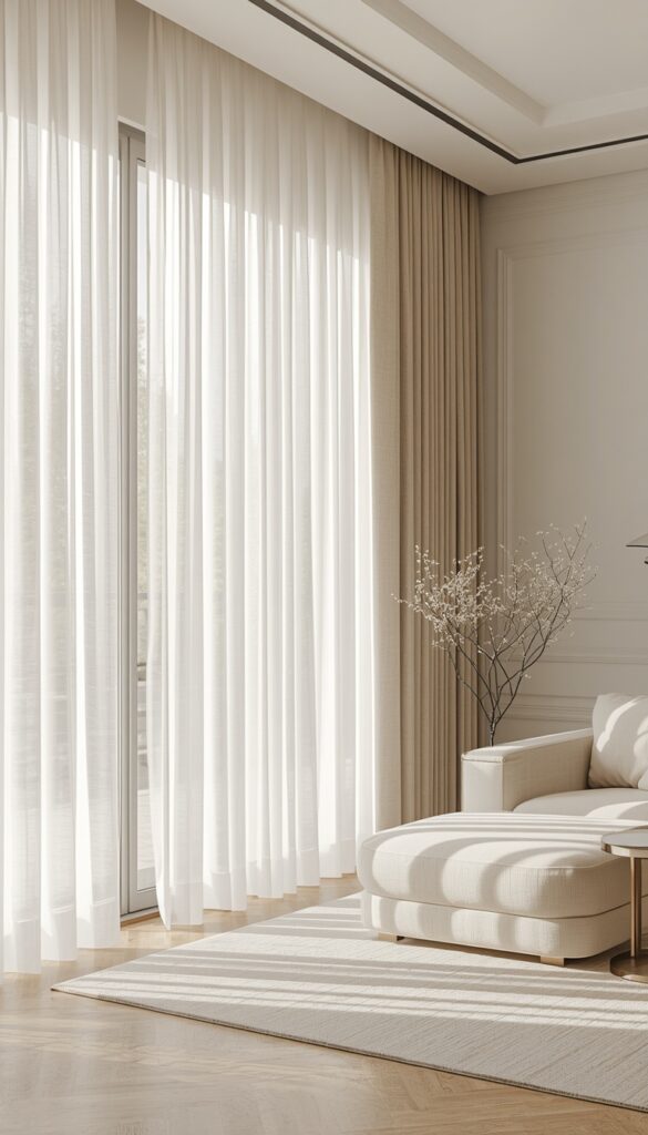 Minimalist room with simple window treatments, sheer curtains, soft natural light, neutral tones, and a clean airy design