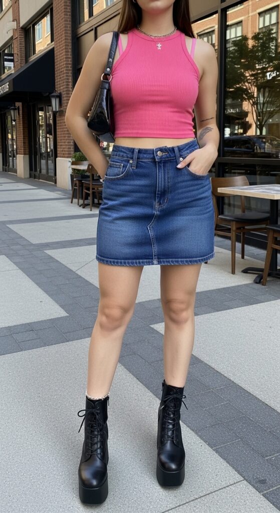Y2K denim mini skirt with pink crop top and black platform boots outfit.